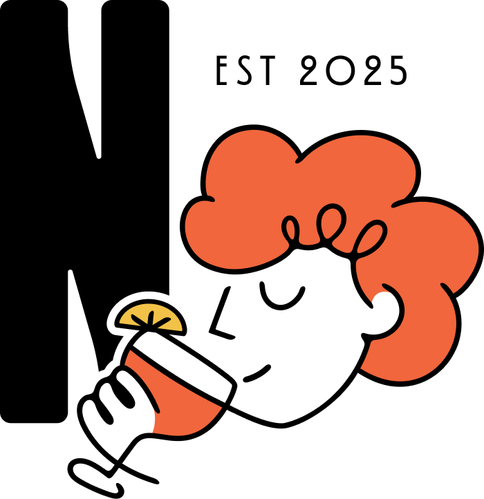 Cartoon character with red hair holding a drink, with 'EST 2025' text and large letter 'N' in the background.