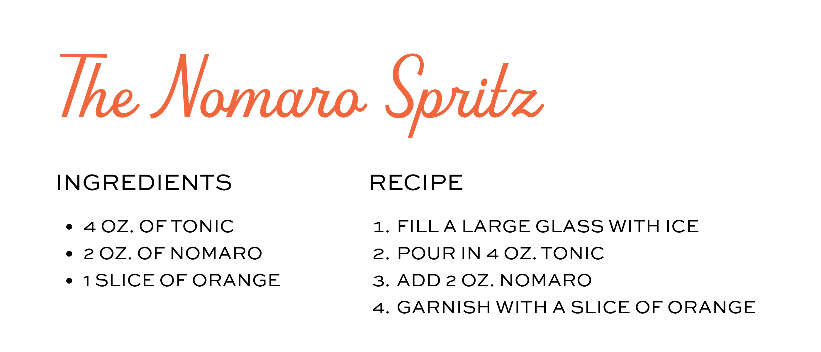 Recipe card for 'The Nomaro Spritz' with ingredients and preparation steps.